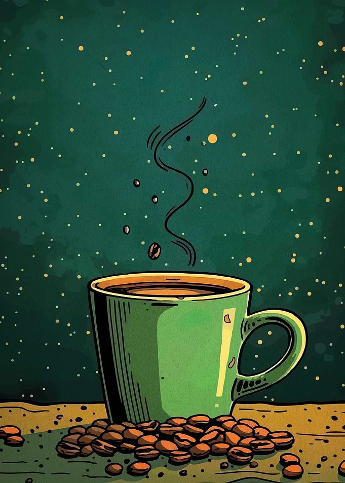 Steaming Coffee Cup with Beans
