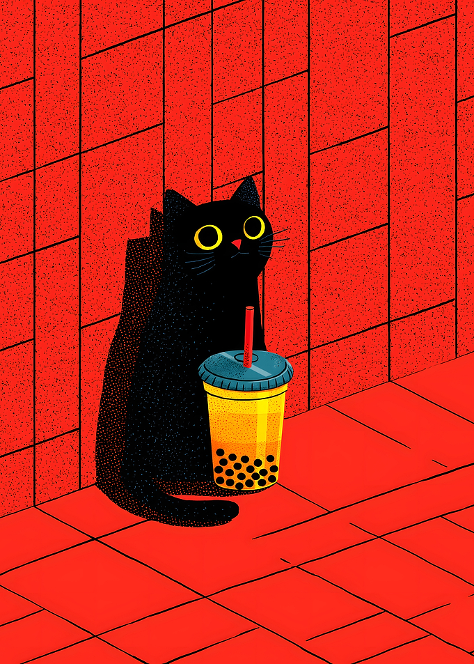 Black Cat with Bubble Tea