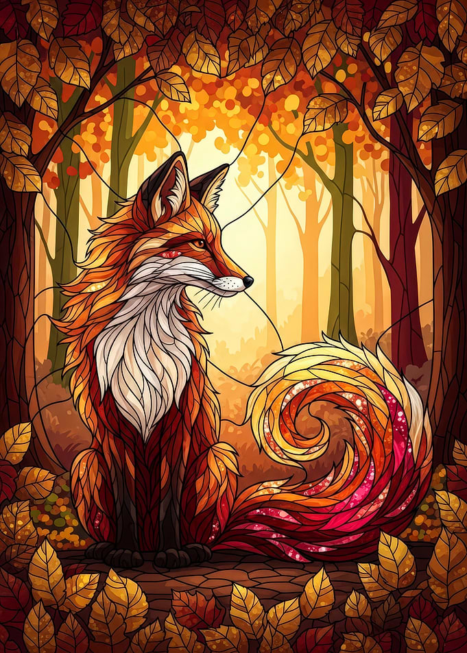 Fox in Autumn Forest Stained Glass