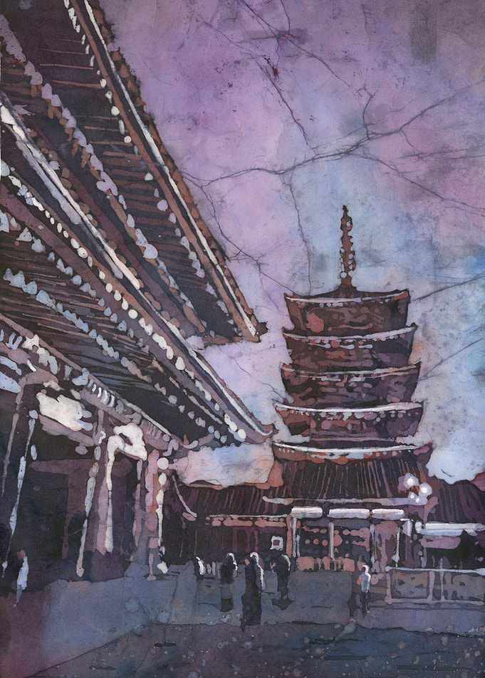 Japanese Temple Watercolor Painting