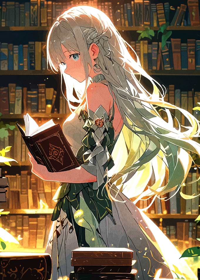 Anime Girl Reading in Library