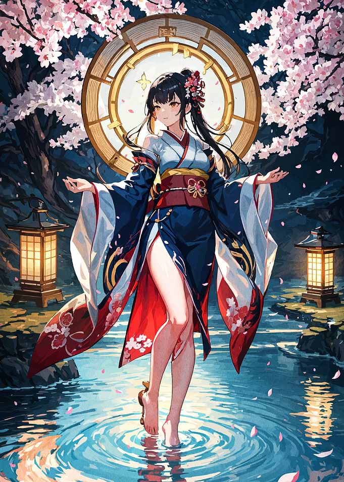 Anime Girl in Kimono with Cherry Blossoms