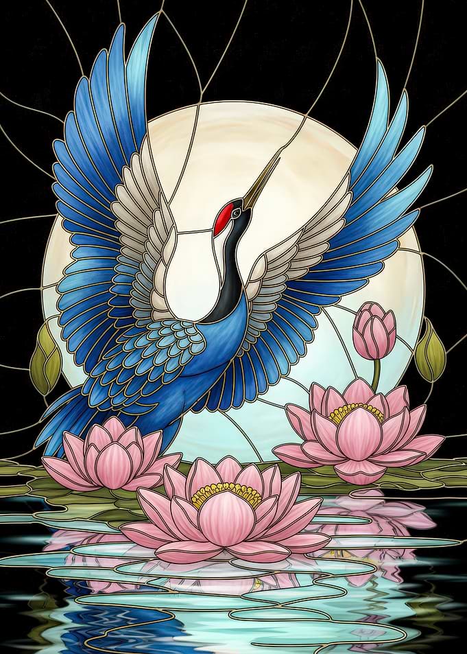 Crane and Lotus Stained Glass Art