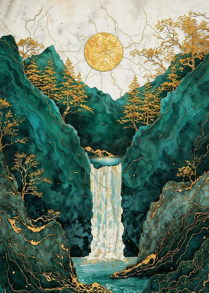 Emerald Waterfall with Golden Sun Kintsugi