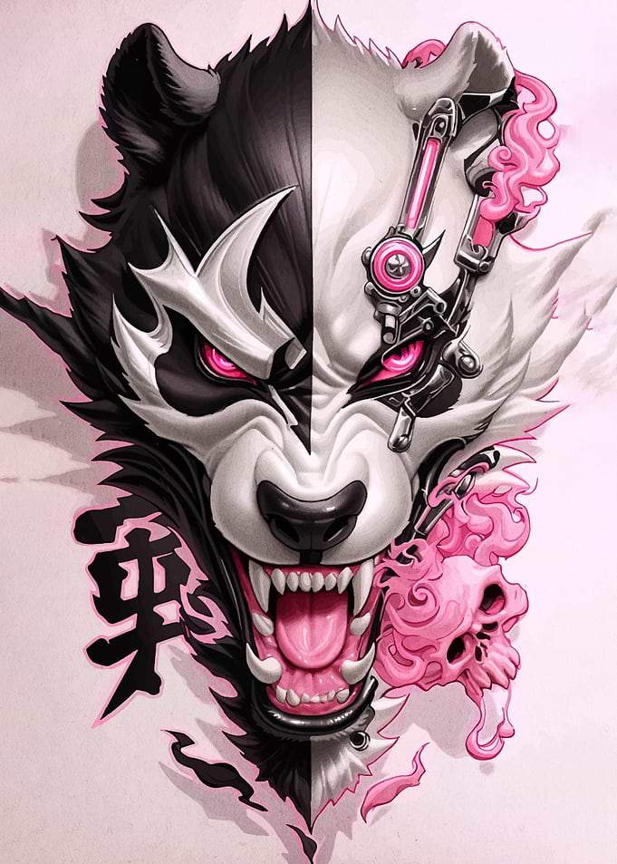 Cyberpunk Panda Wolf Hybrid Illustration
