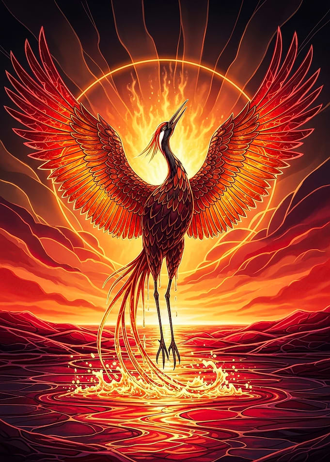 Fiery Phoenix Rising from Water