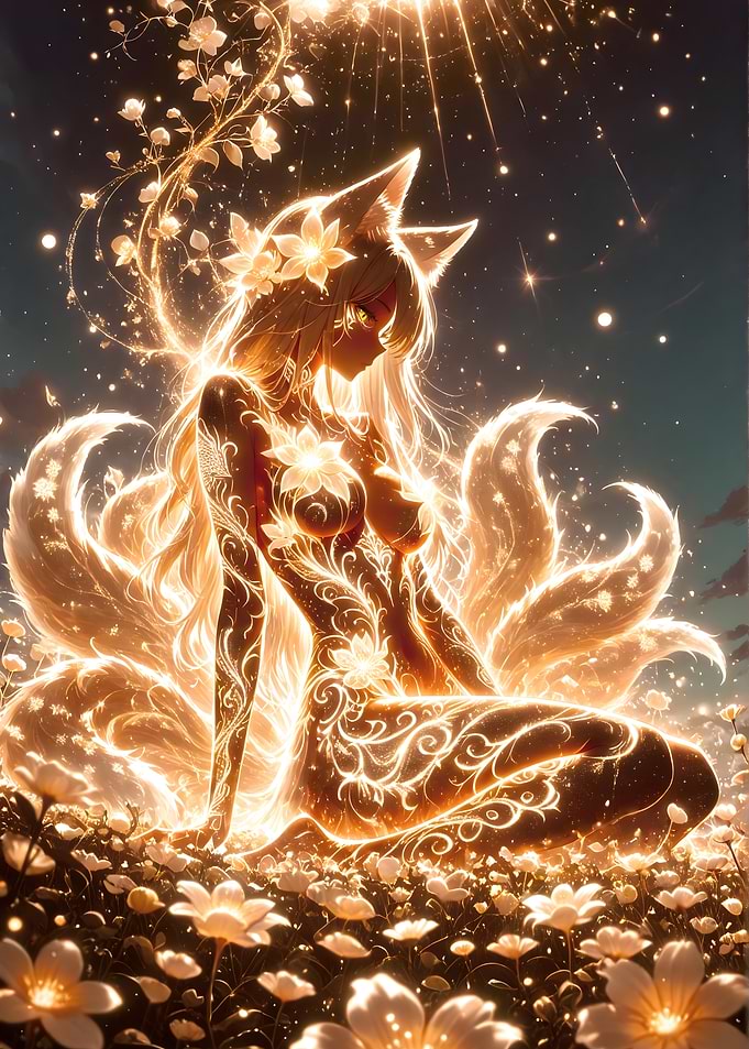 Glowing Kitsune Girl in Flower Field