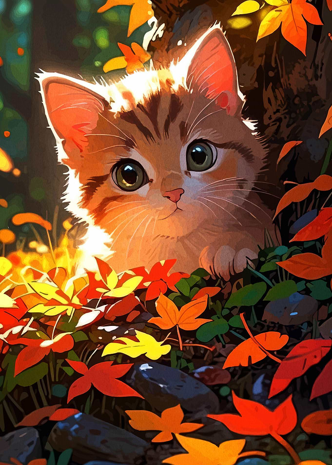 Cute Kitten in Autumn Leaves