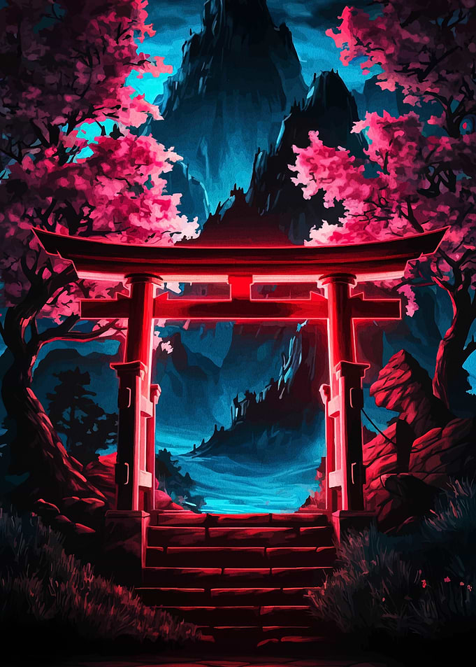 Japanese Torii Gate with Cherry Blossoms