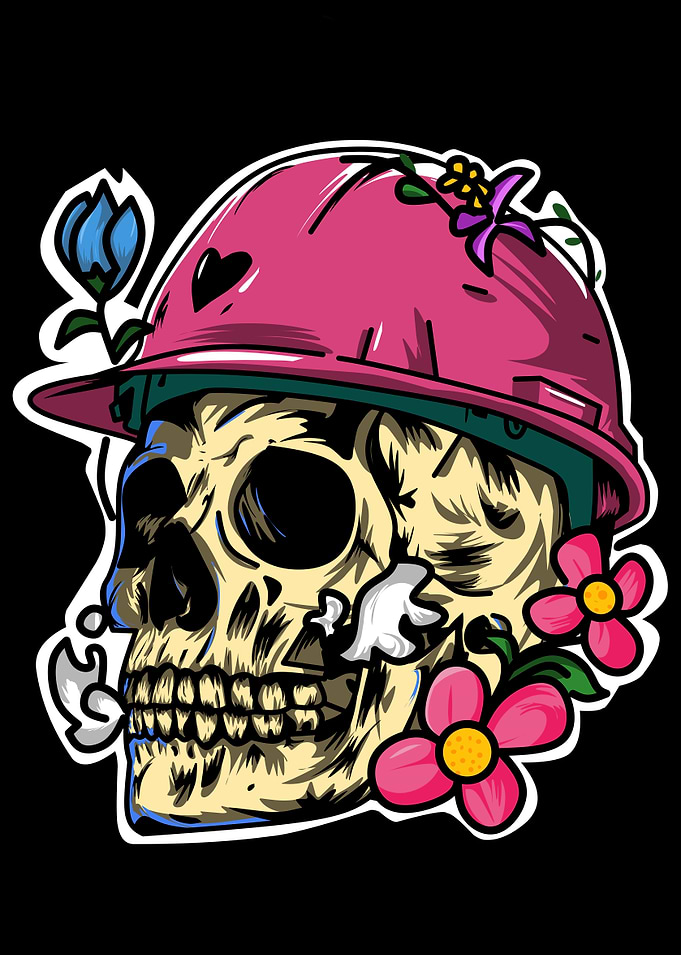 Floral Skull with Hard Hat Illustration