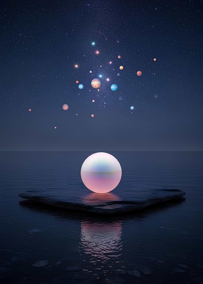 Orb on Stone with Planets Above