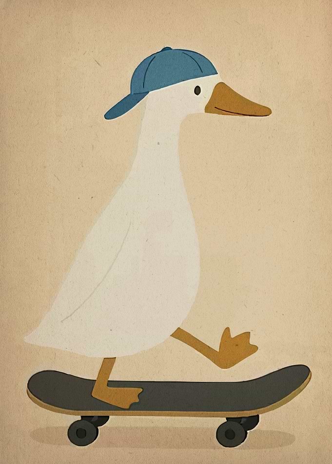 Goose on Skateboard with Blue Cap