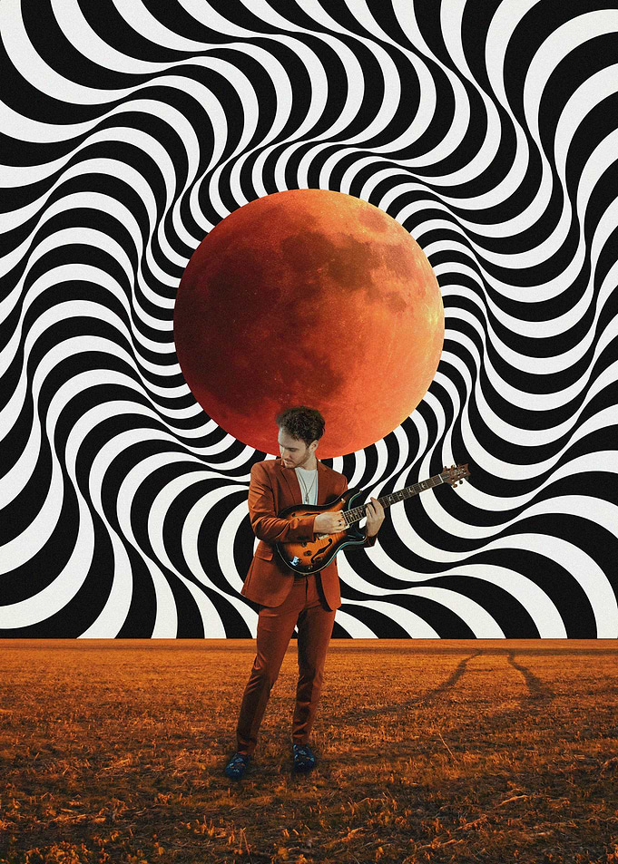 Guitarist with Moon and Optical Illusion