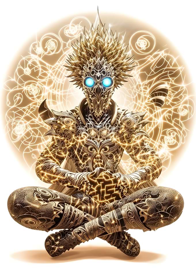 Golden Meditating Figure with Glowing Eyes