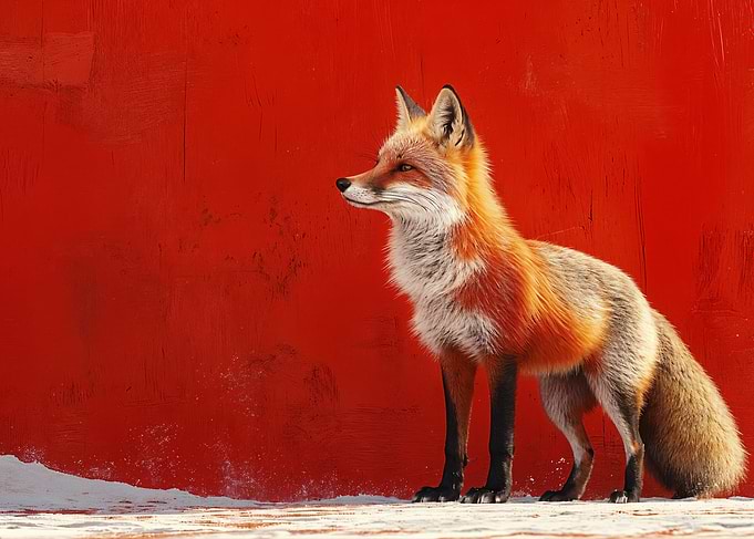 Fox Portrait Against Red Background