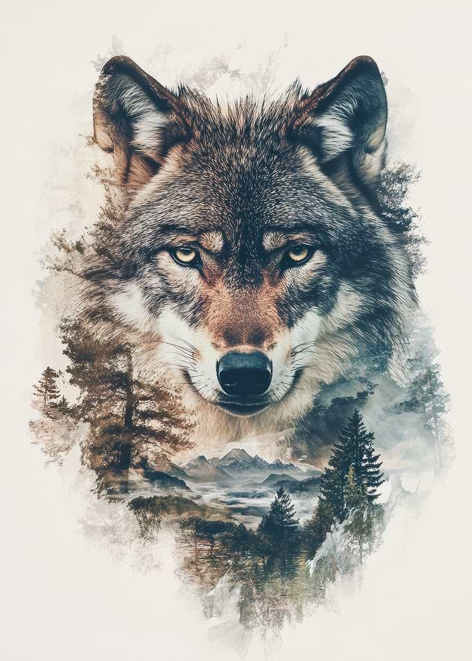 Wolf and Mountain Landscape Double Exposure