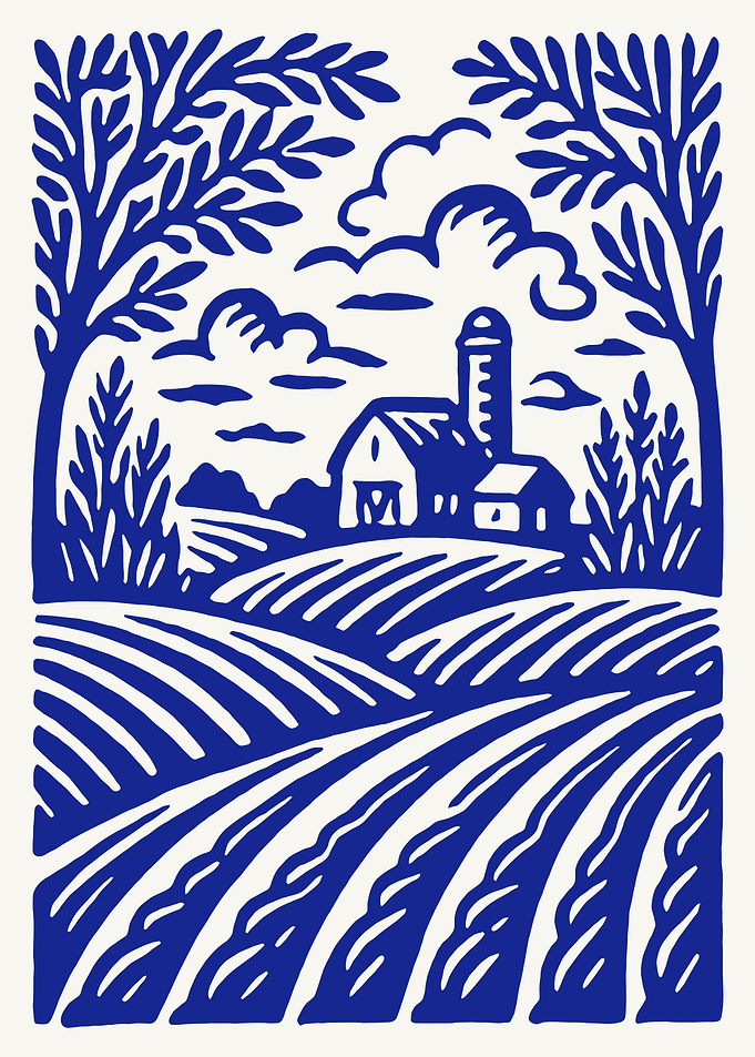 Blue Farm Landscape Illustration