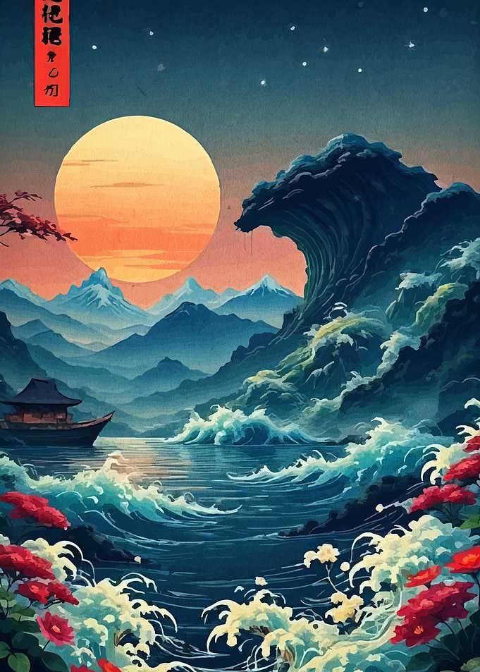 Japanese Landscape with Wave and Moon