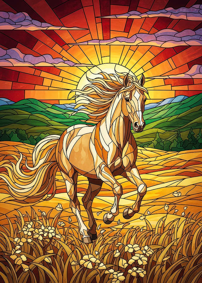 Stained Glass Horse at Sunrise