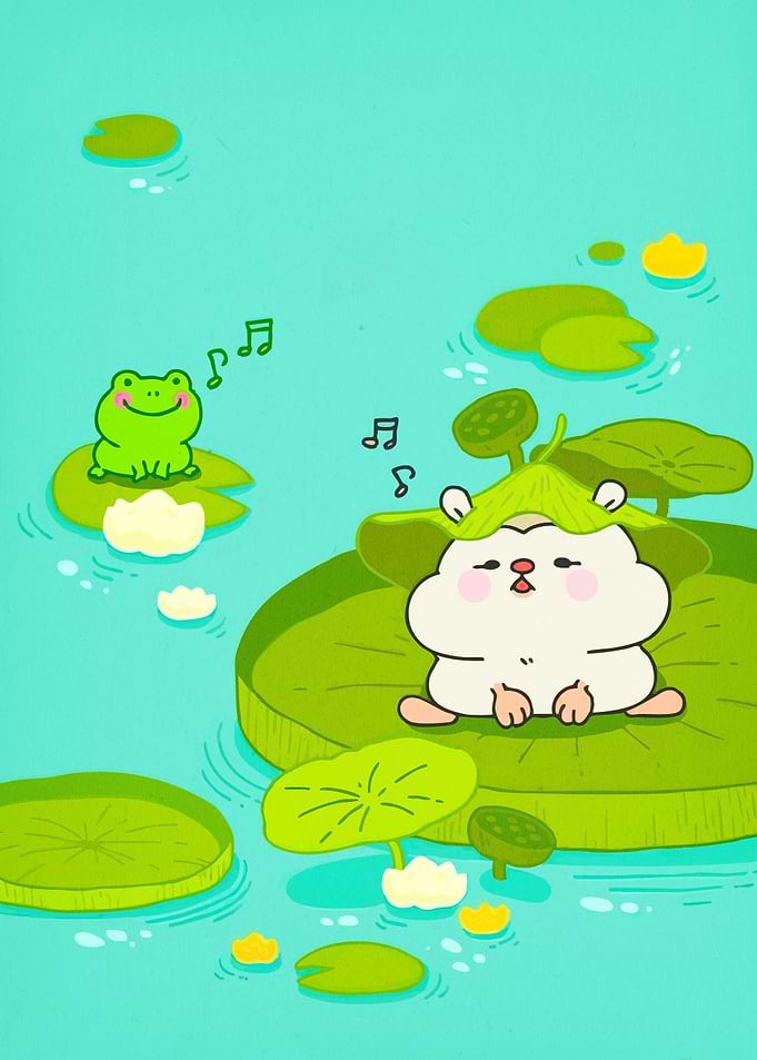 Cartoon Hamster Frog Lilypads