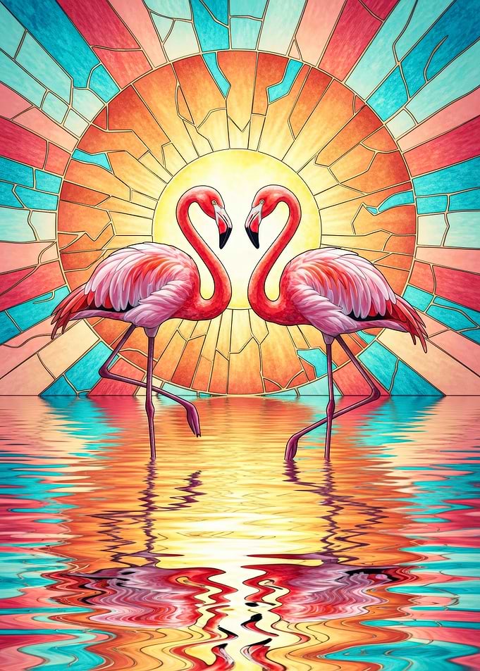 Flamingos in Stained Glass Style