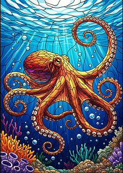 Stained Glass Octopus Underwater Scene