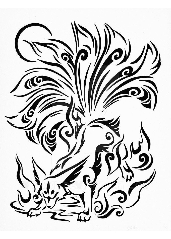 Nine-Tailed Fox Black and White Art