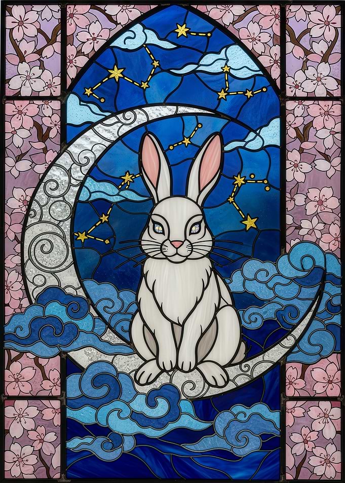 Rabbit on Moon Stained Glass