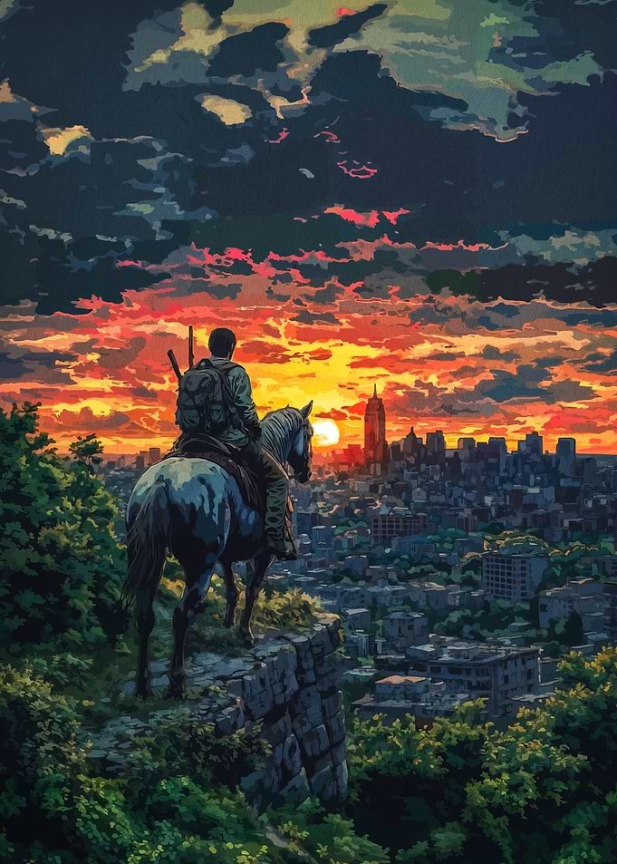 Post-Apocalyptic Rider Overlooking City Sunset