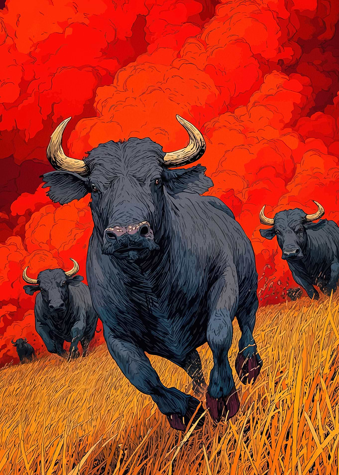 Charging Bulls Fiery Landscape