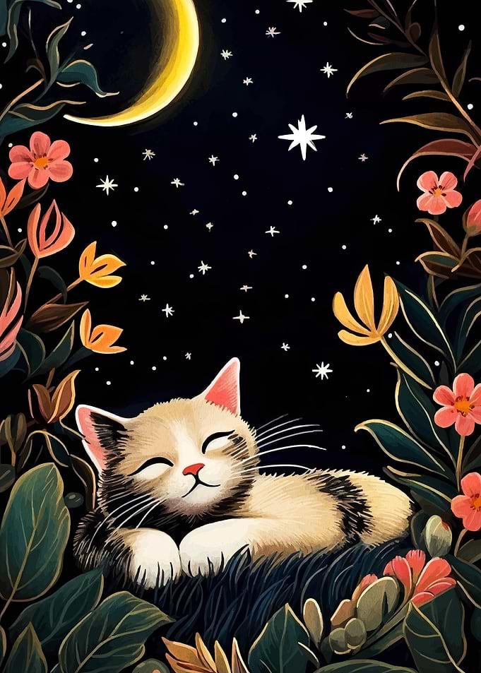 Sleeping Cat Under Moonlit Sky