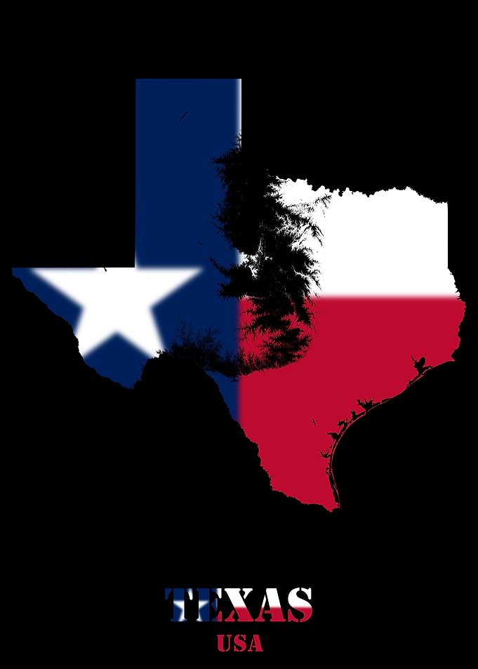 Texas USA state Topographic Contour Relief Map blending terrain features into its emblematic colorful flag