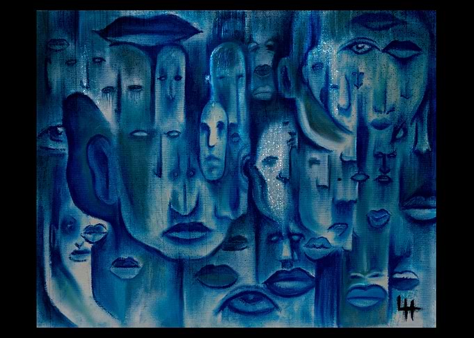 “Faces in Blue – Hypnotic Surreal Art with Electric BUZZ Energy”
