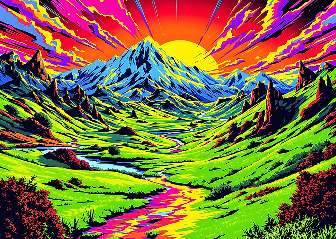 Psychedelic Mountain Landscape with Rising Sun