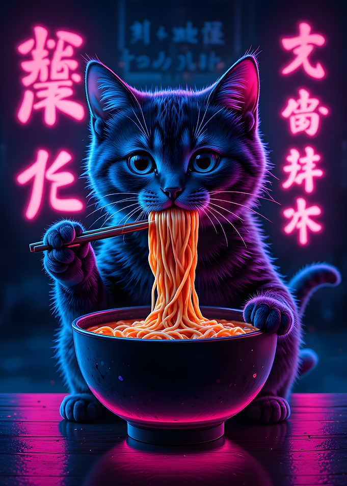 Cyber Ramen Cat Neon Japanese Street Art Poster