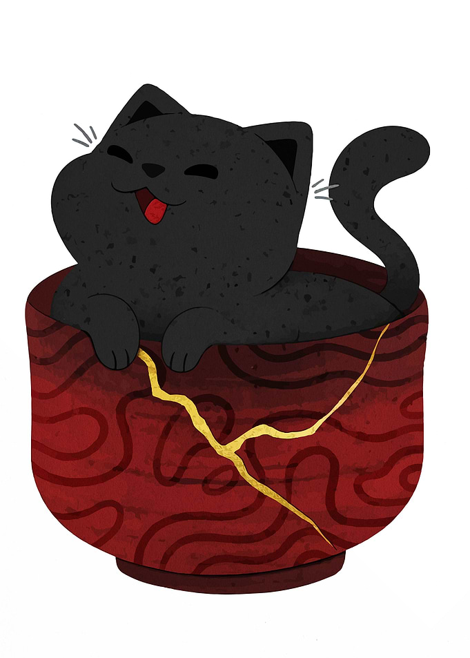 Black Cat in Kintsugi Bowl
