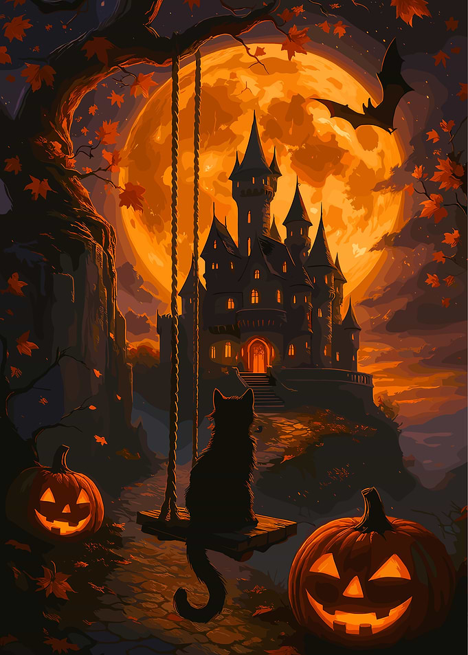 Halloween Night with Black Cat and Castle