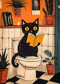 Cat Reading Book on Toilet