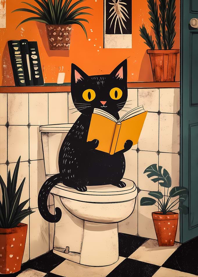 Cat Reading Book on Toilet