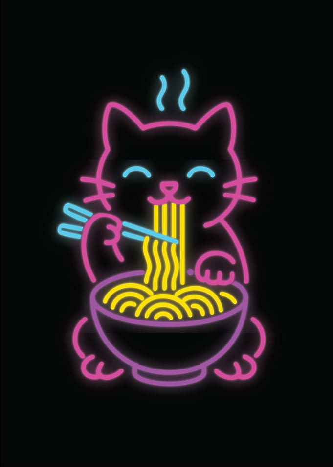 Neon Noodle Time Cute Cat Ramen Poster