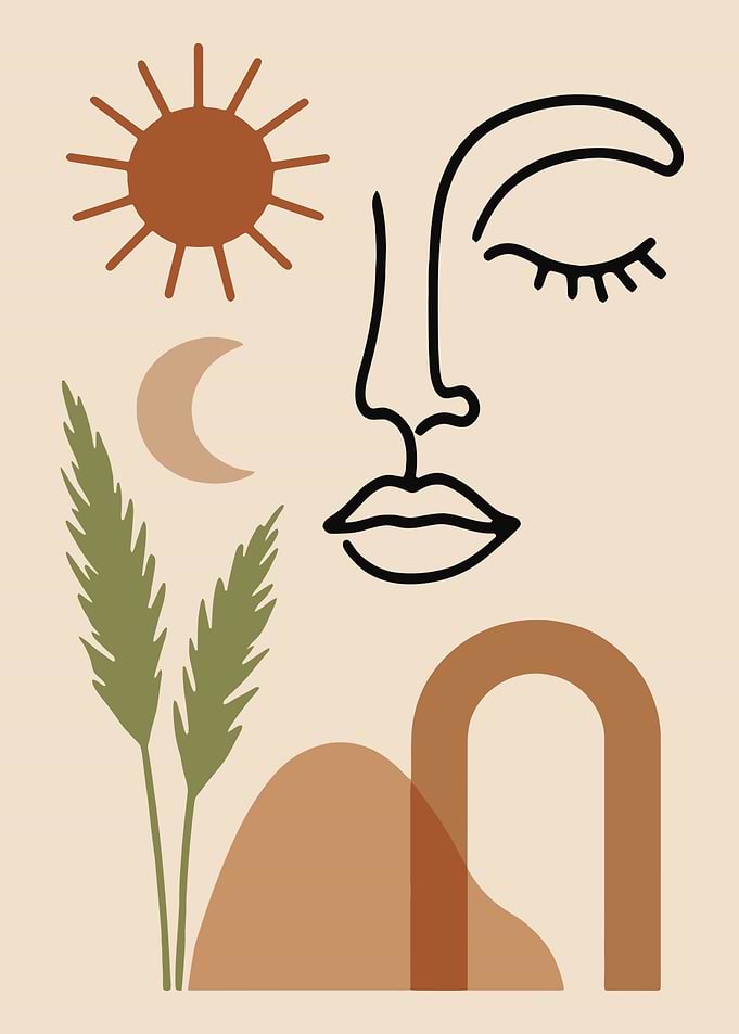 Minimalist Face with Sun and Moon