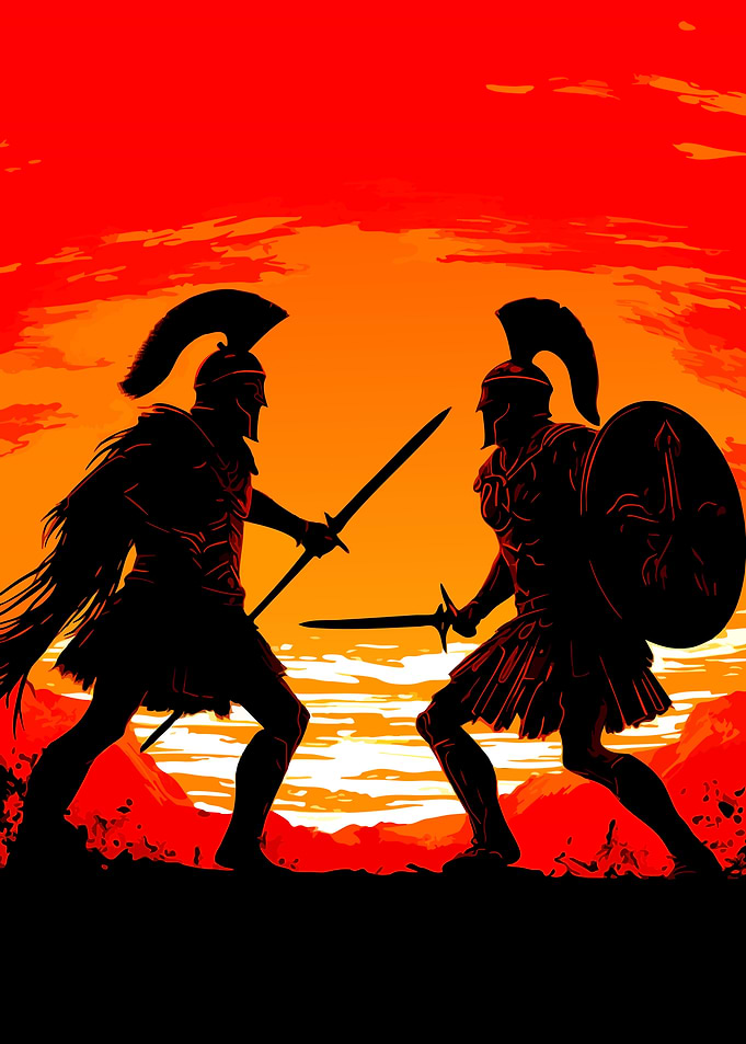 Spartan Warriors Duel Silhouette Art
