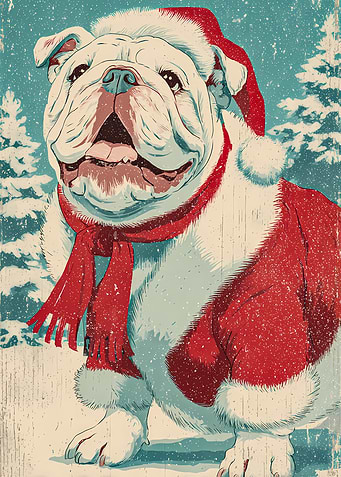 Christmas Bulldog in Winter Landscape