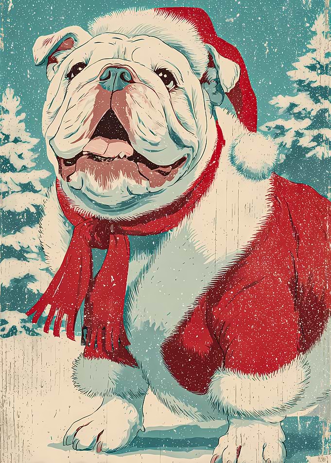 Christmas Bulldog in Winter Landscape