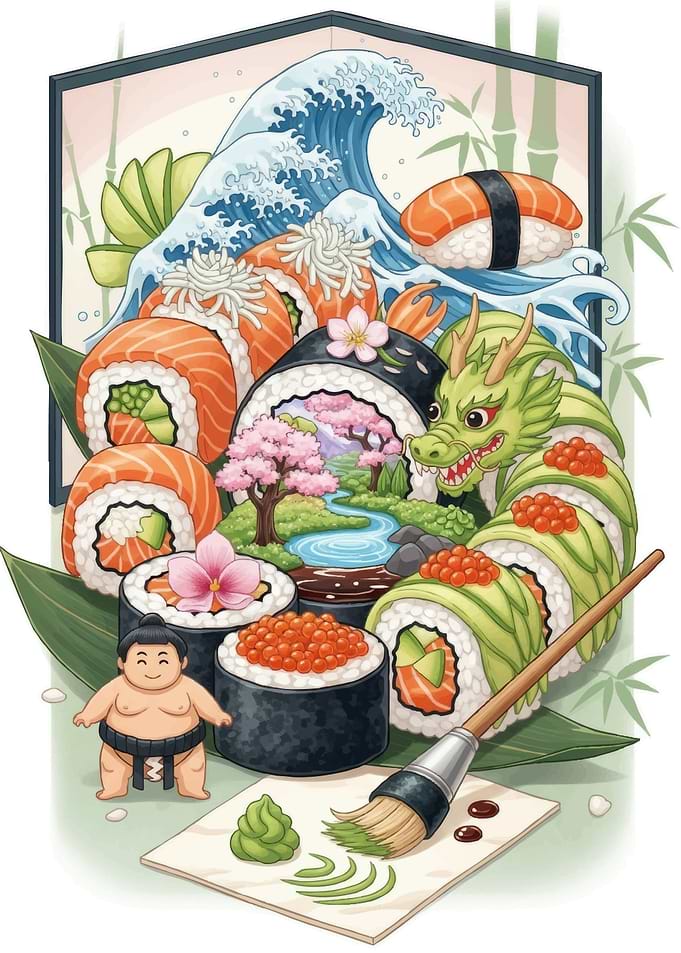 Sushi Art Composition with Dragon