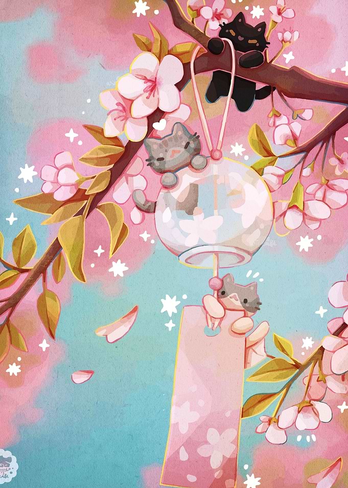 Cats with Cherry Blossoms and Wind Chime
