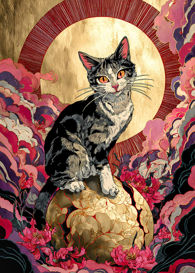 Cat on Golden Orb with Flowers