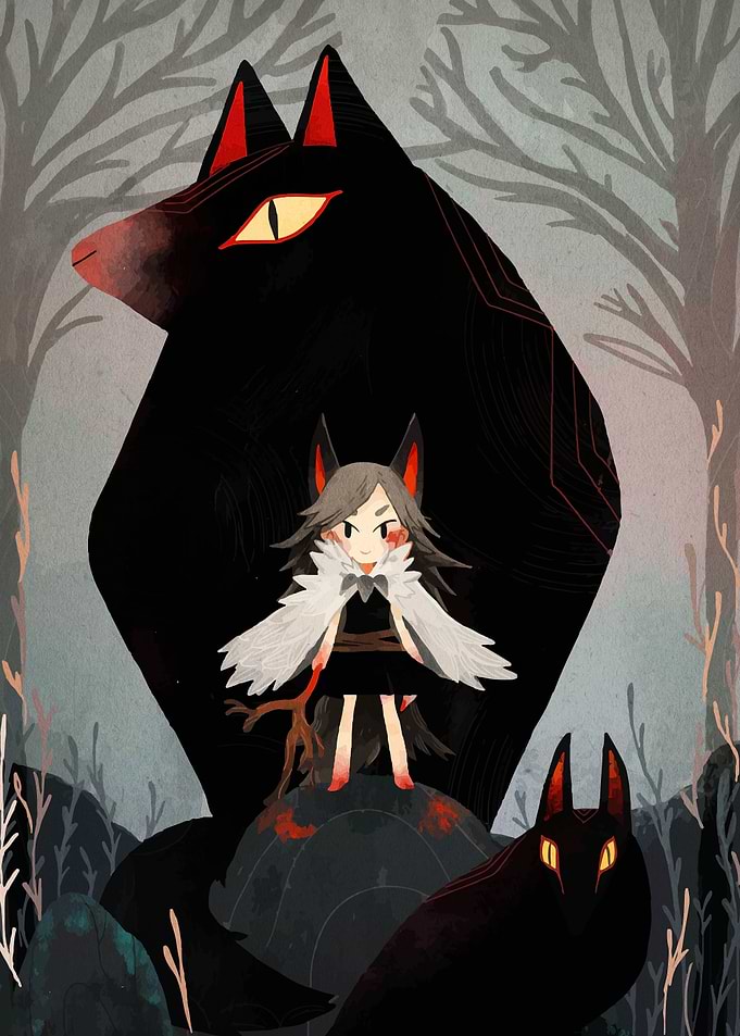 Girl with Wolves in Forest Illustration