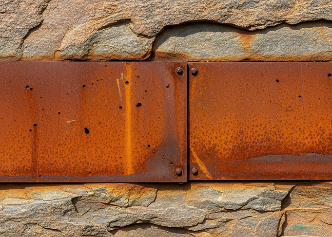 Rusty Metal Plate on Stone Wall