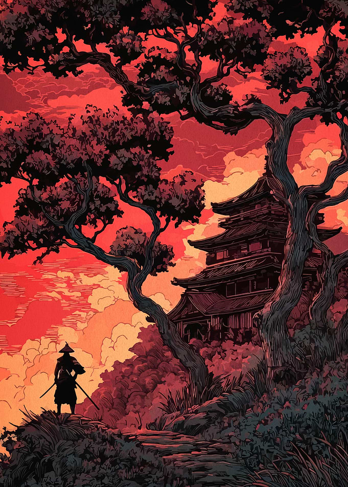 Samurai and Temple at Sunset